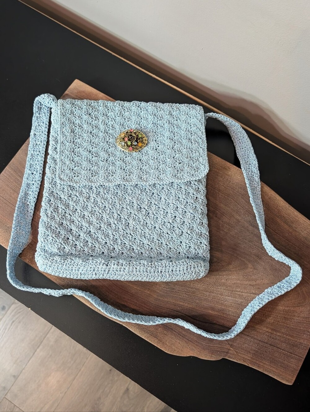 Light Blue Crochet Crossbody Bag with Decorative Brooche